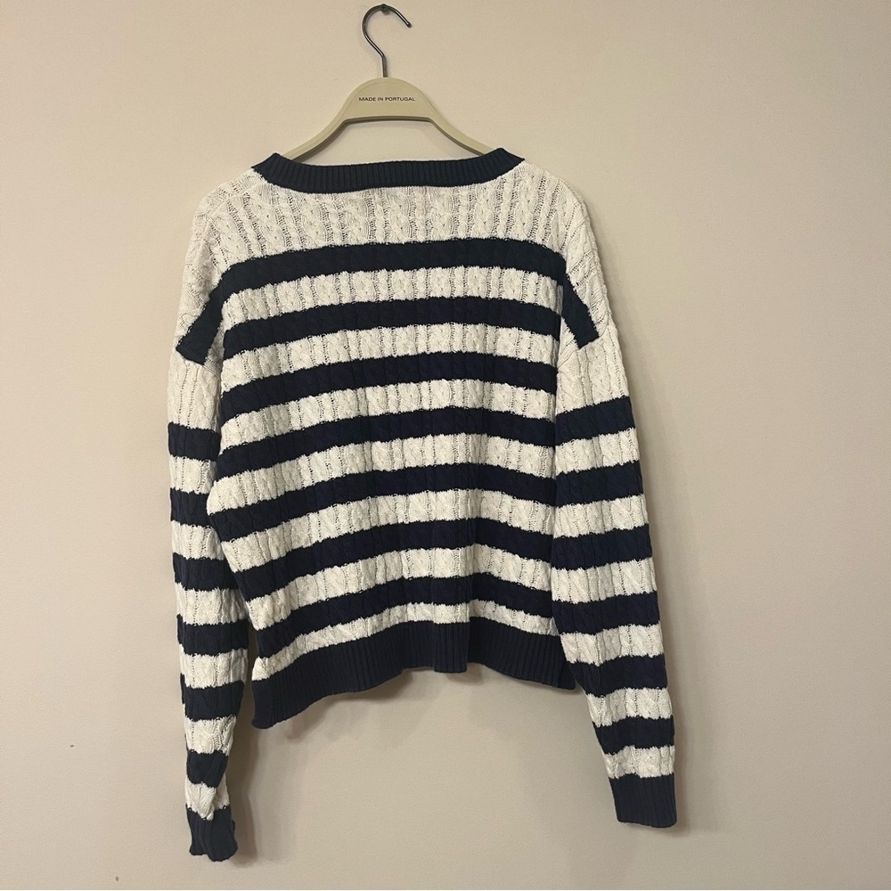 Women’s ribbed sweater sage + stone beige navy striped crew neck - Picture 3 of 4